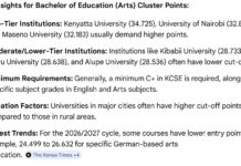 Bachelor of Education Arts Cut off points in Kenya